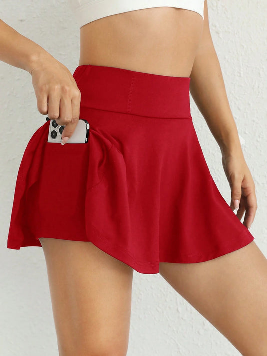 EZwear Red Knitted Leisure Sports Skirt With Pockets