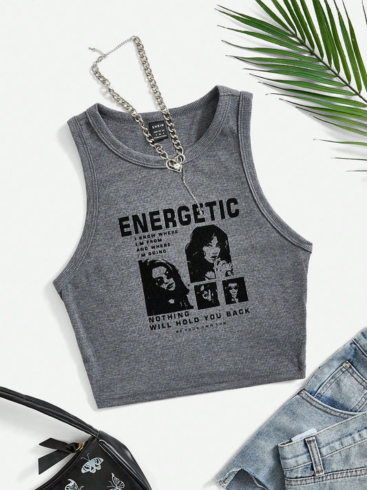 EZwear Slogan And Portrait Knitted Slim Fit Tank Top