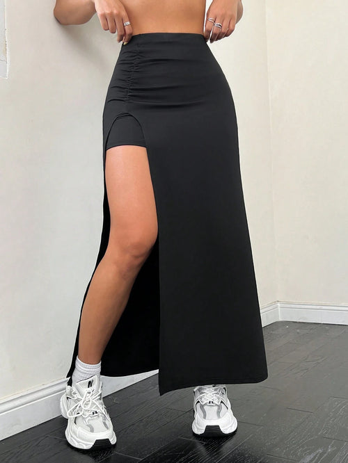 EZwear Solid Color Pleated Split Skirt,Ladies Casual Ruched,Split Thigh Midi Skinny Natural Black Plain Women Skirts,Spring/Fall,Casual Daily Wear