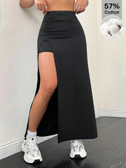 EZwear Solid Color Pleated Split Skirt,Ladies Casual Ruched,Split Thigh Midi Skinny Natural Black Plain Women Skirts,Spring/Fall,Casual Daily Wear