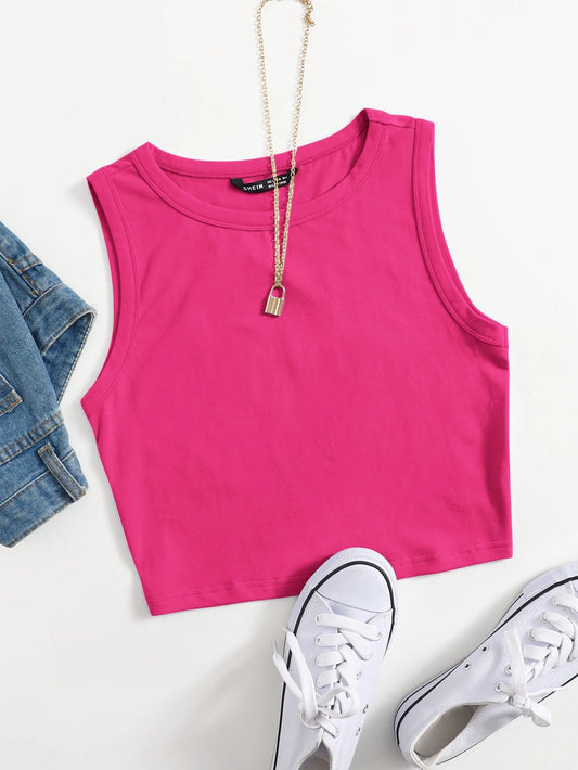 EZwear Solid Crop Summer Outfits Pink Tank Top