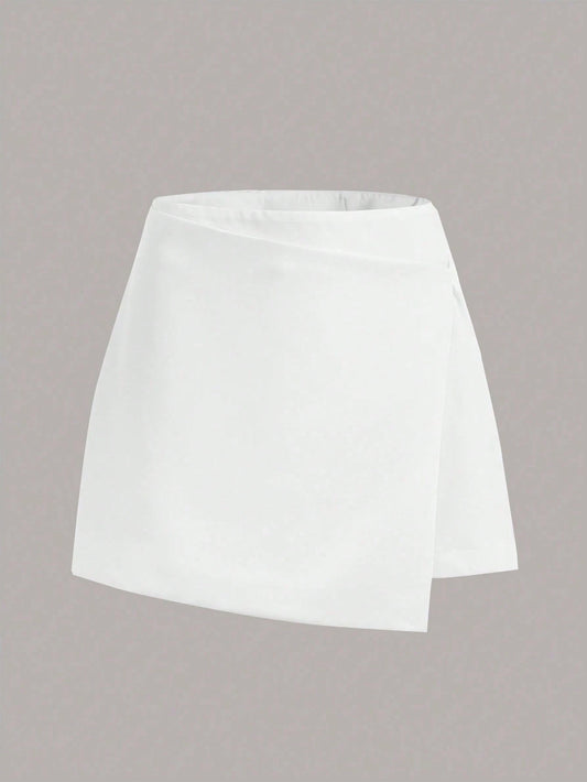 EZwear Solid Wrap Front Asymmetrical Hem Skirt