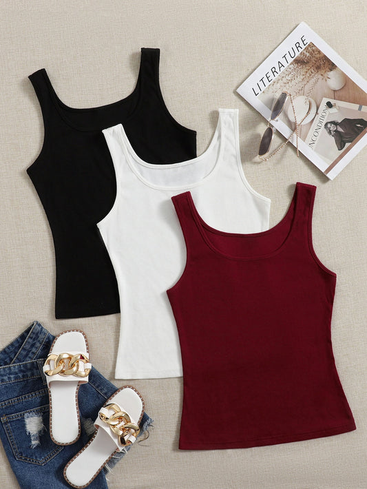 EZwear Summer 3 Packs Rib-Knit U Collar Tight Tank Top