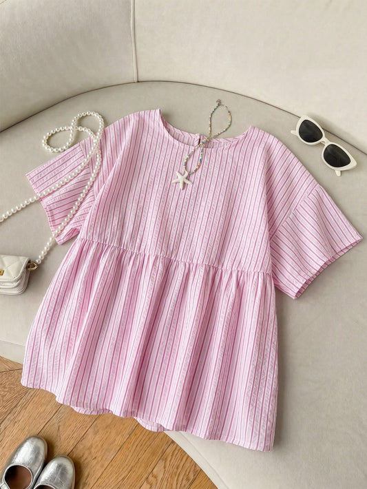 EZwear Summer Dopamine Pink And White Striped Woven Women's Shirt Blouse, Suitable For Daily Commute Picnic, Dating, Gathering, Christmas, New Year, Party