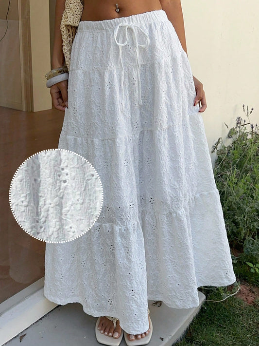 EZwear Summer White Romantic Vacation Women's Hollow Embroidery Ruffle Hem A-Line Skirt