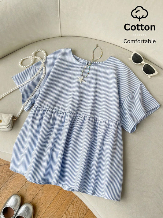 EZwear Summer Women's Blue And White Stripe Striped Woven Casual Cute Short Sleeve Shirt Cotton Top Blouse Vacation