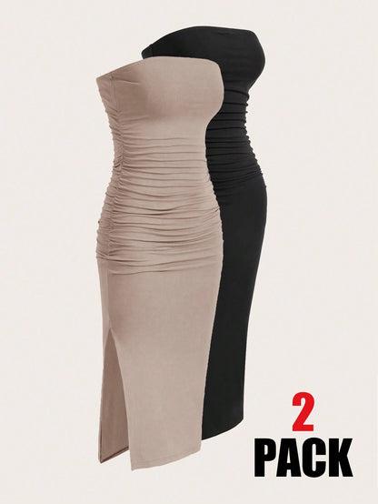 EZwear Two-Piece Set Set Multi-Color Women's Ruched Bandeau Side Slit Hem Knit Dress