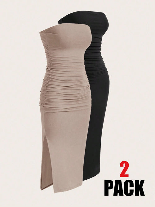 EZwear Two-Piece Set Set Multi-Color Women's Ruched Bandeau Side Slit Hem Knit Dress