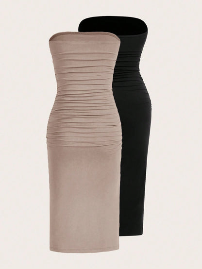 EZwear Two-Piece Set Set Multi-Color Women's Ruched Bandeau Side Slit Hem Knit Dress