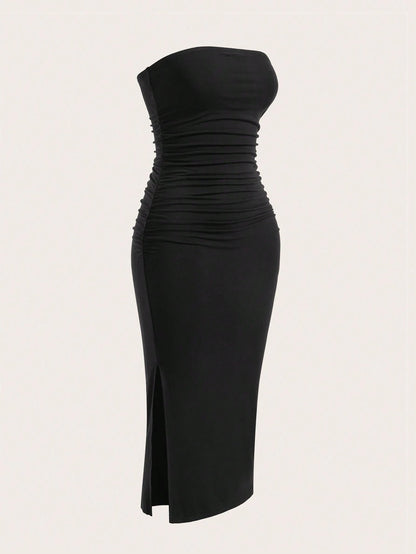 EZwear Two-Piece Set Set Multi-Color Women's Ruched Bandeau Side Slit Hem Knit Dress