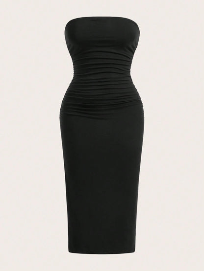 EZwear Two-Piece Set Set Multi-Color Women's Ruched Bandeau Side Slit Hem Knit Dress