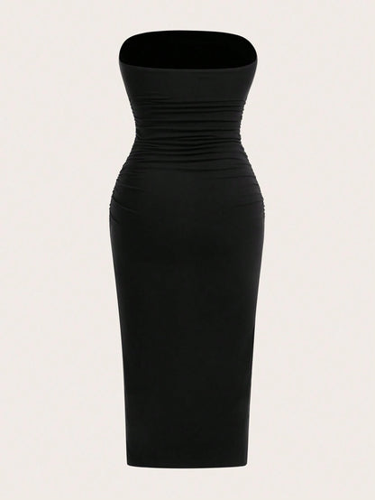 EZwear Two-Piece Set Set Multi-Color Women's Ruched Bandeau Side Slit Hem Knit Dress