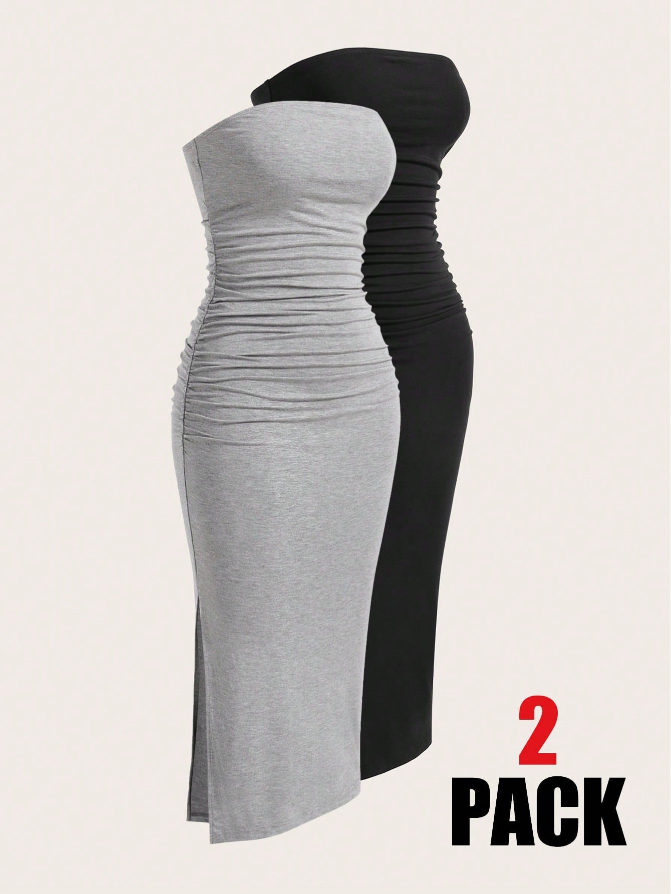 EZwear Two-Piece Set Set Multi-Color Women's Ruched Bandeau Side Slit Hem Knit Dress