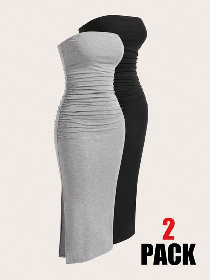 EZwear Two-Piece Set Set Multi-Color Women's Ruched Bandeau Side Slit Hem Knit Dress