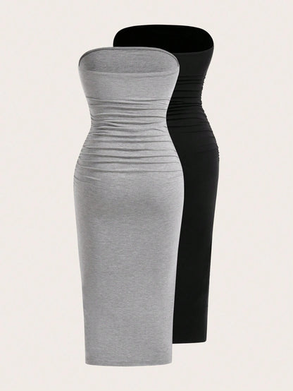 EZwear Two-Piece Set Set Multi-Color Women's Ruched Bandeau Side Slit Hem Knit Dress