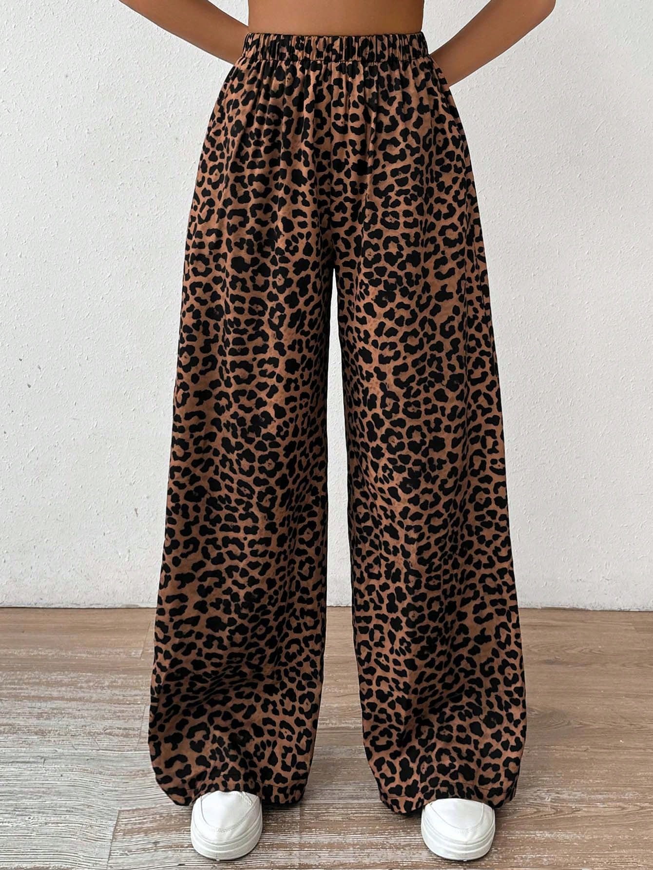 EZwear Women Elastic Waist Wide-Leg Leopard Print Loose Pants