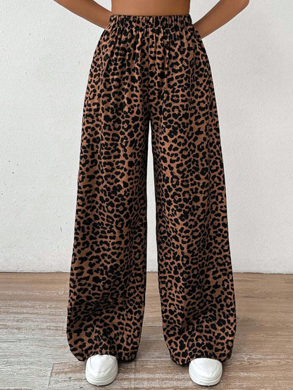 EZwear Women Elastic Waist Wide-Leg Leopard Print Loose Pants