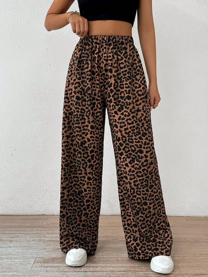 EZwear Women Elastic Waist Wide-Leg Leopard Print Loose Pants