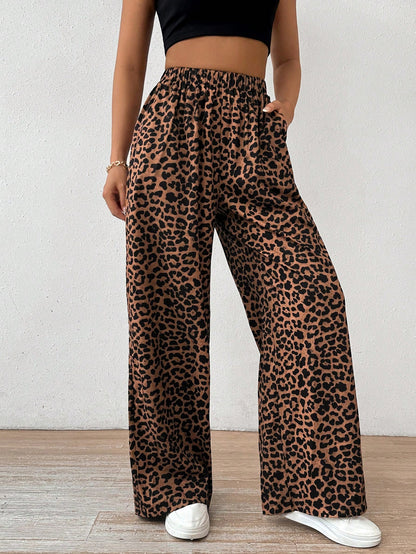 EZwear Women Elastic Waist Wide-Leg Leopard Print Loose Pants