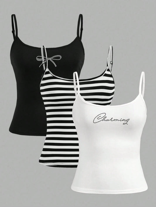 EZwear Women's 3pcs/Set Striped, English Letter, Rhinestone Decor Casual Slim Fit Camisole Tops, Suitable For Summer Back To School