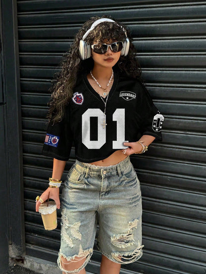 EZwear Women's Casual V-Neck Loose Short 5th Sleeve Mesh T-Shirt, Suitable For Summer And Sports, Digital 01 Print Back To School Chic