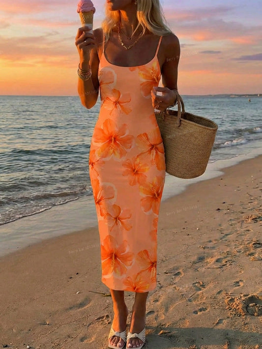 EZwear Women's Floral Print Elegant Waist Cinched Mid-Length Cami Dress, Suitable For Summer Vacation And Dates,Summer Dresses For Women