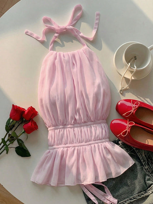 EZwear Women's Pink Ruched Halter Backless Tie-Back Camisole, Valentine's Day Pink Camisole