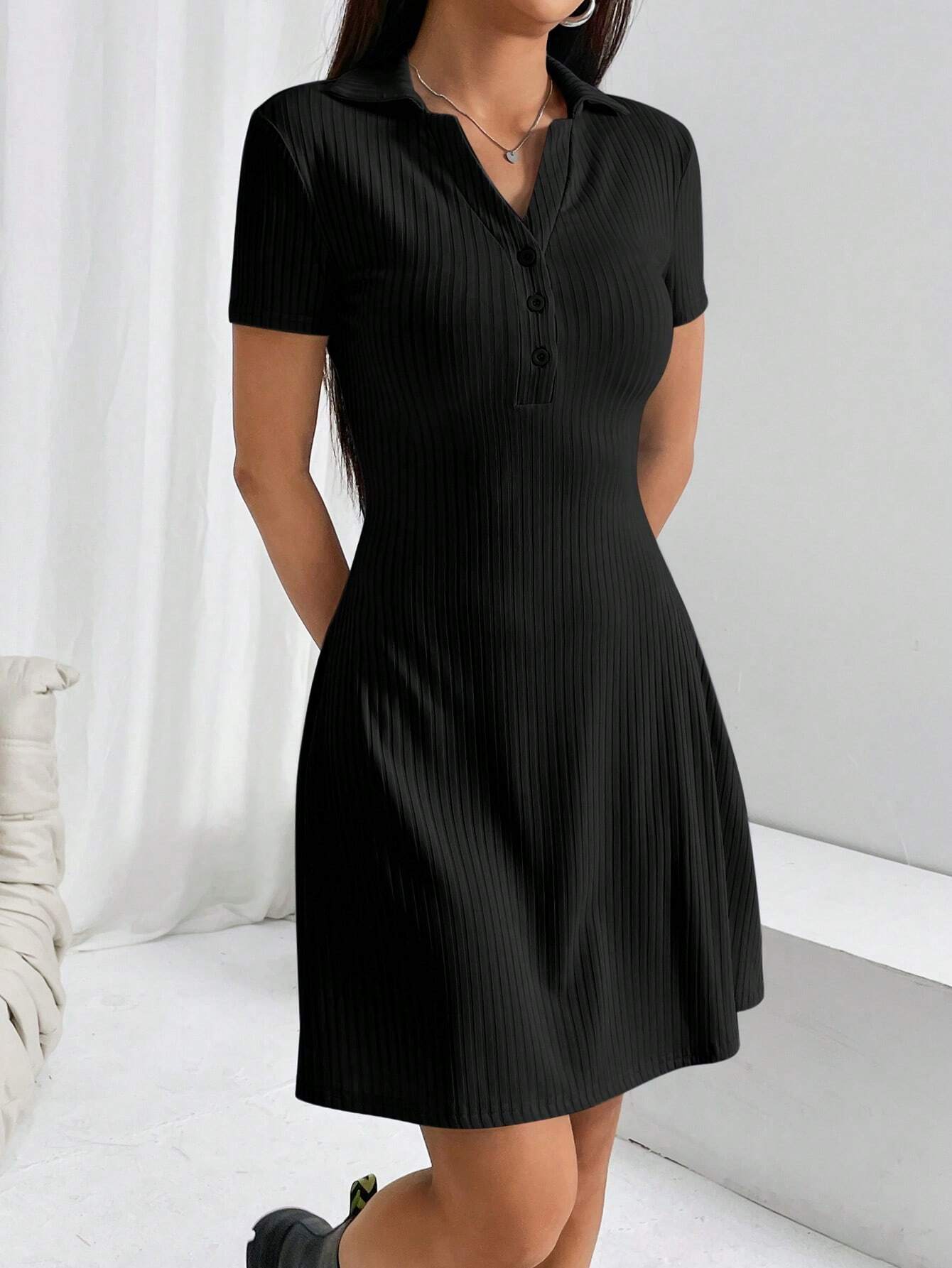 EZwear Women's Solid Color Polo Collar Short Sleeve Dress,Business Casual Woman