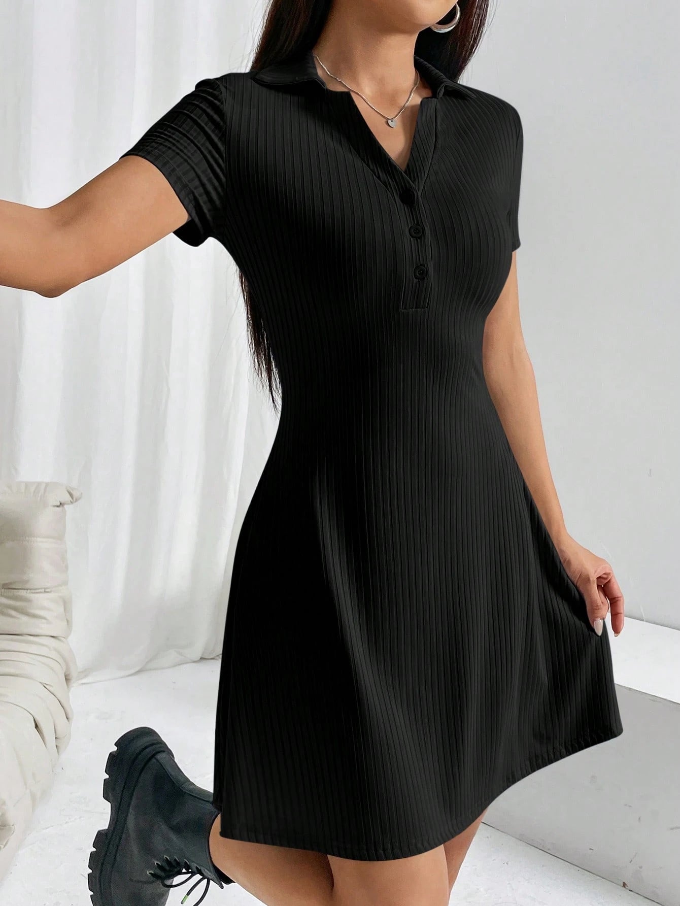 EZwear Women's Solid Color Polo Collar Short Sleeve Dress,Business Casual Woman