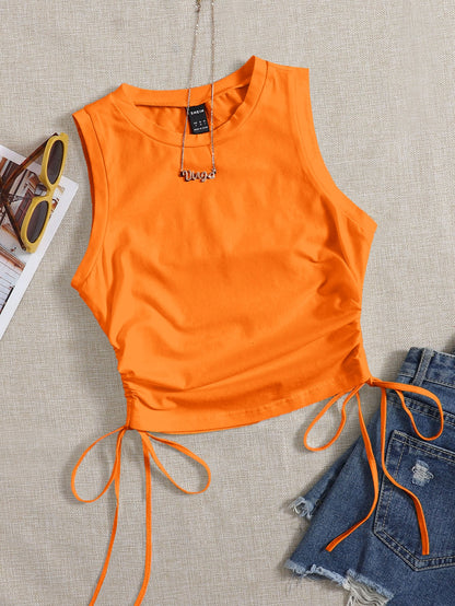 EZwear Women's Solid Color Round Neck Side Drawstring Casual Knit Tank Top