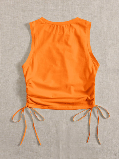 EZwear Women's Solid Color Round Neck Side Drawstring Casual Knit Tank Top