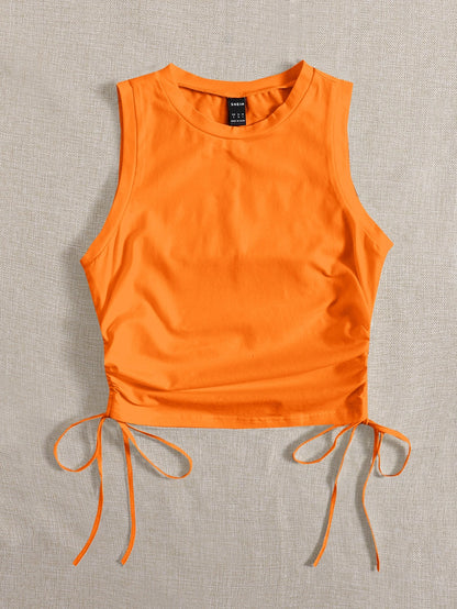 EZwear Women's Solid Color Round Neck Side Drawstring Casual Knit Tank Top
