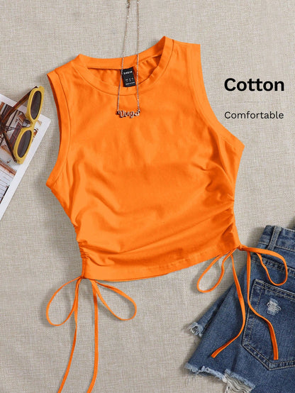 EZwear Women's Solid Color Round Neck Side Drawstring Casual Knit Tank Top