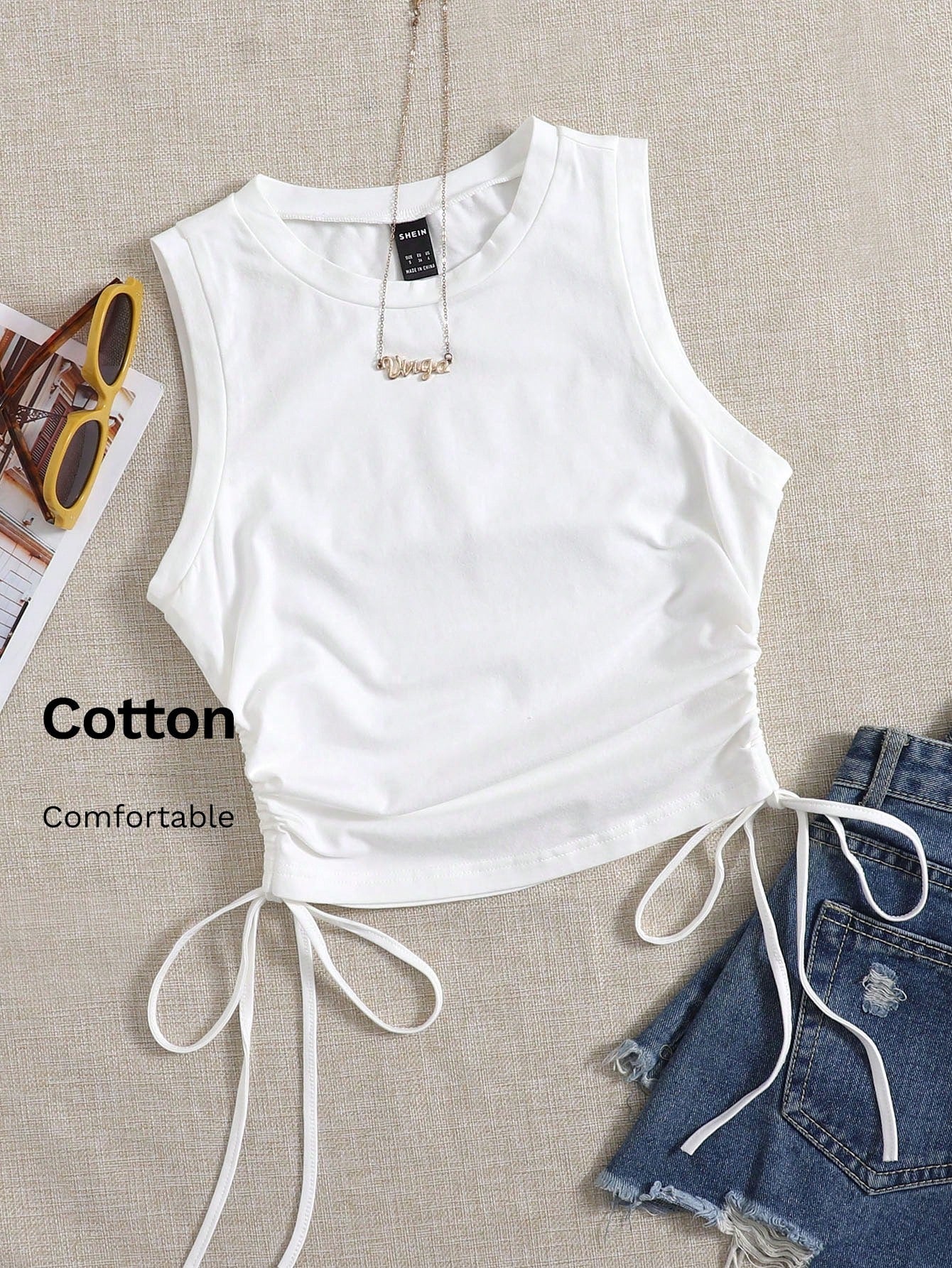EZwear Women's Solid Color Round Neck Side Drawstring Casual Knit Tank Top