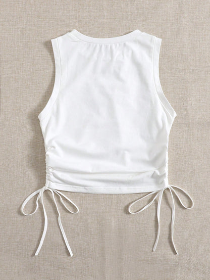 EZwear Women's Solid Color Round Neck Side Drawstring Casual Knit Tank Top