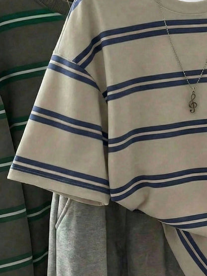 EZwear Women's Stripe Summer Casual T-Shirt, Korean Fashion Round Neck Top, Back-To-School School Style, Versatile Y2K Elegant Outing