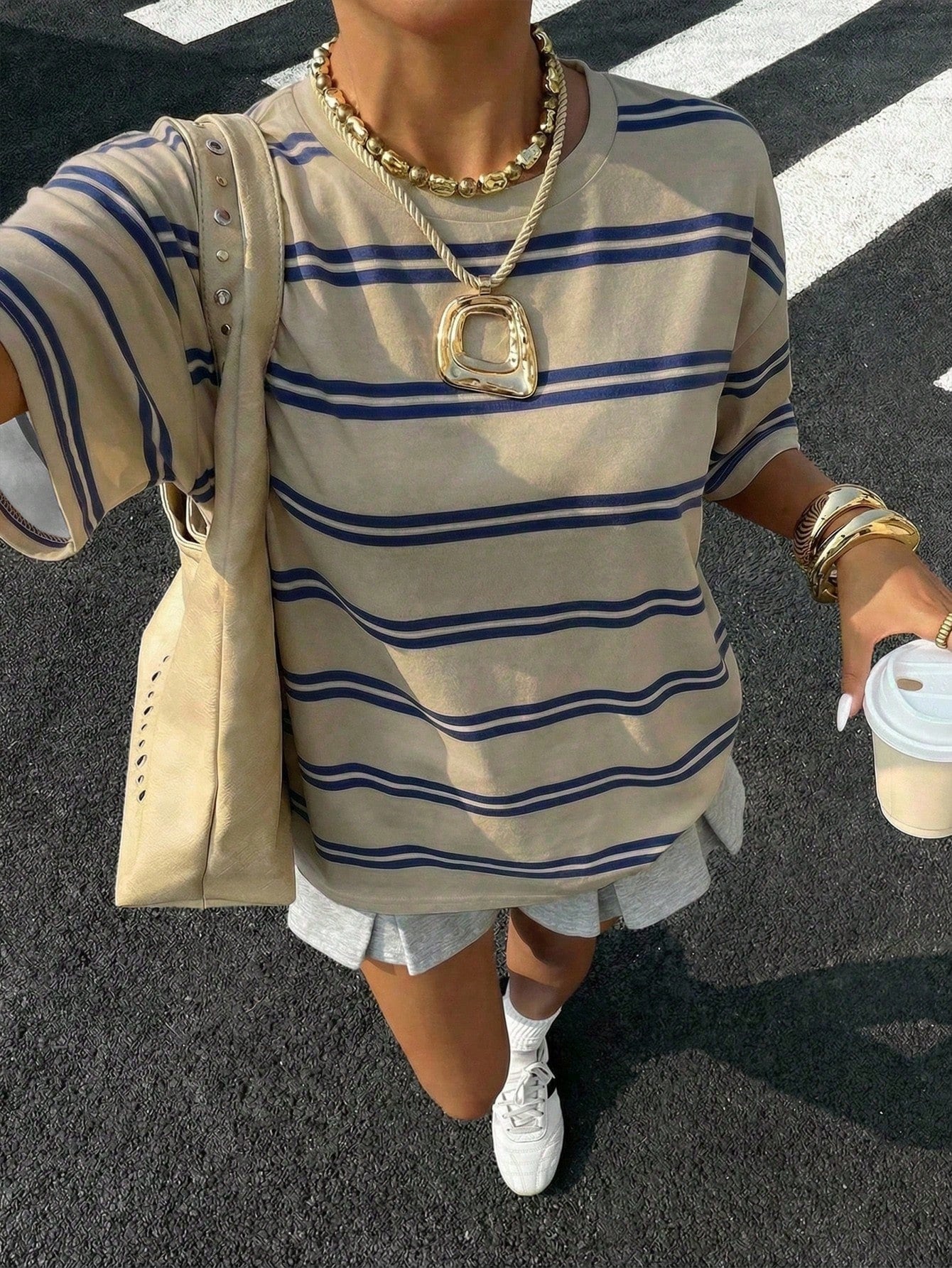 EZwear Women's Stripe Summer Casual T-Shirt, Korean Fashion Round Neck Top, Back-To-School School Style, Versatile Y2K Elegant Outing