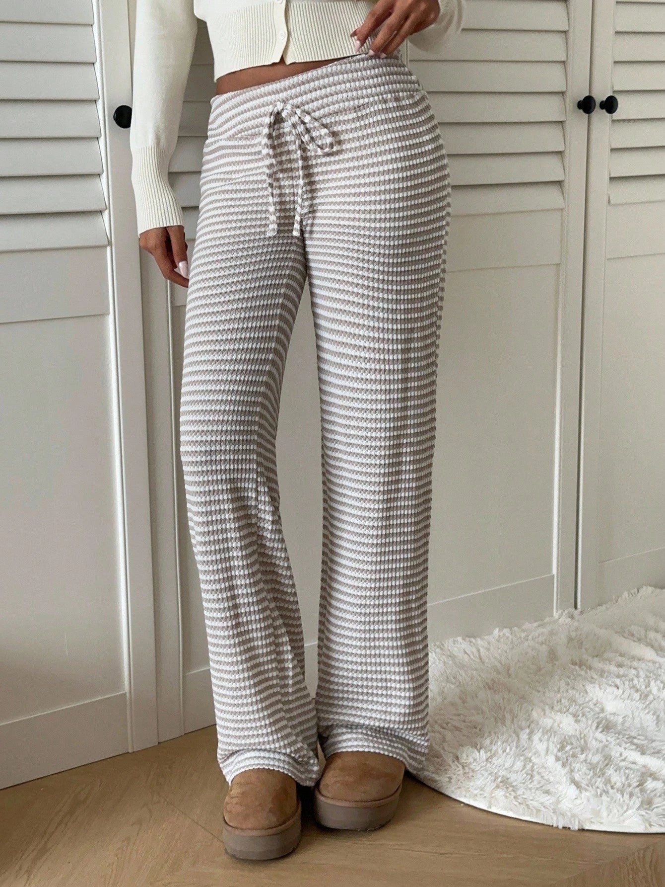 EZwear Women's Tie Waist Striped Straight Leg Loose Casual Pants,Fall,Fall Clothes For Women