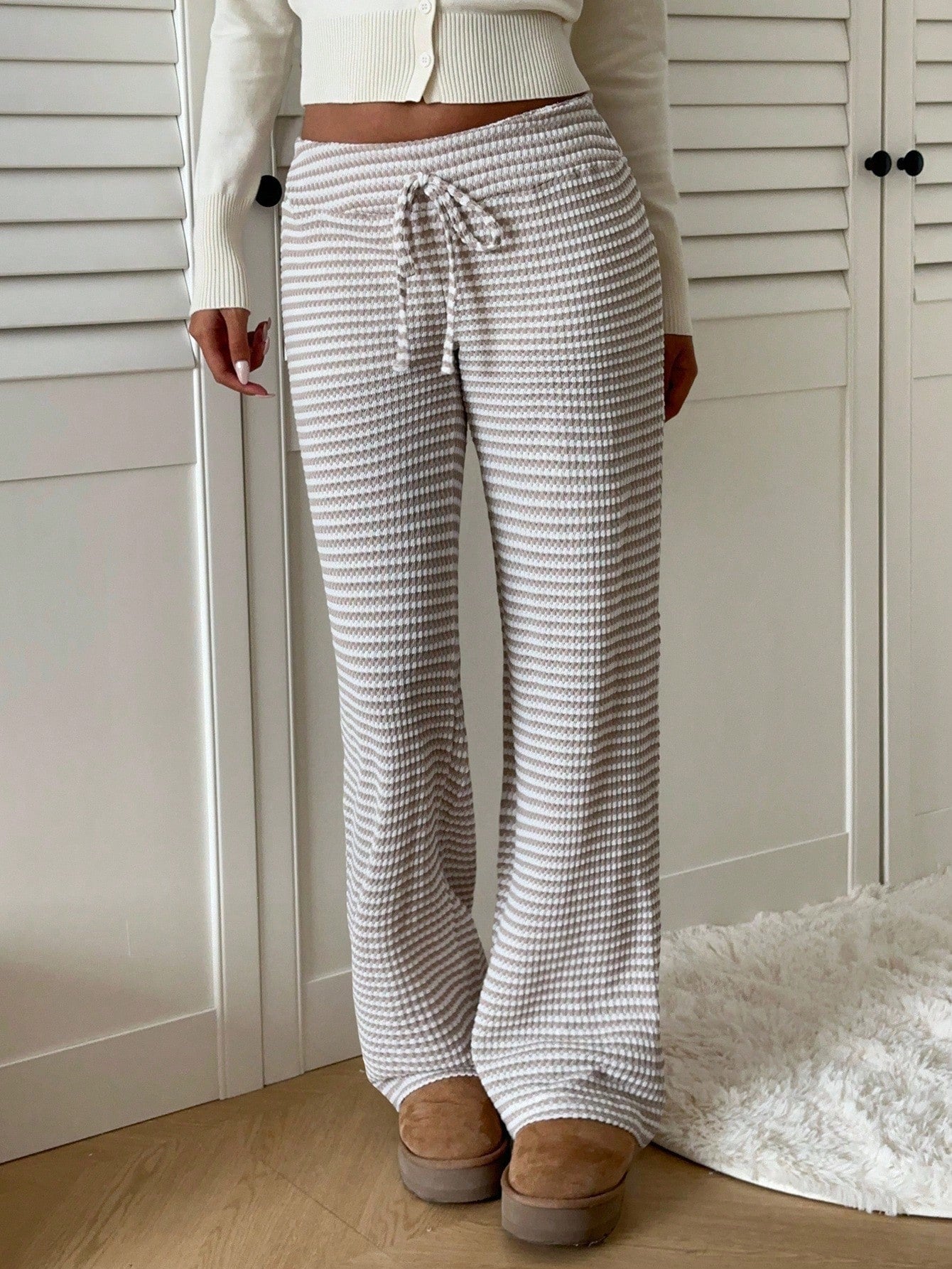 EZwear Women's Tie Waist Striped Straight Leg Loose Casual Pants,Fall,Fall Clothes For Women