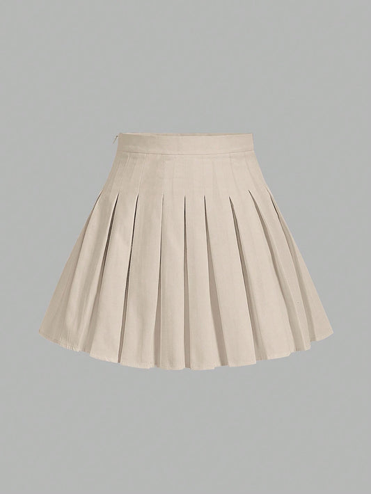 EZwear Woven Pleated Ladies Solid Color Casual Versatile A-Line Skirt