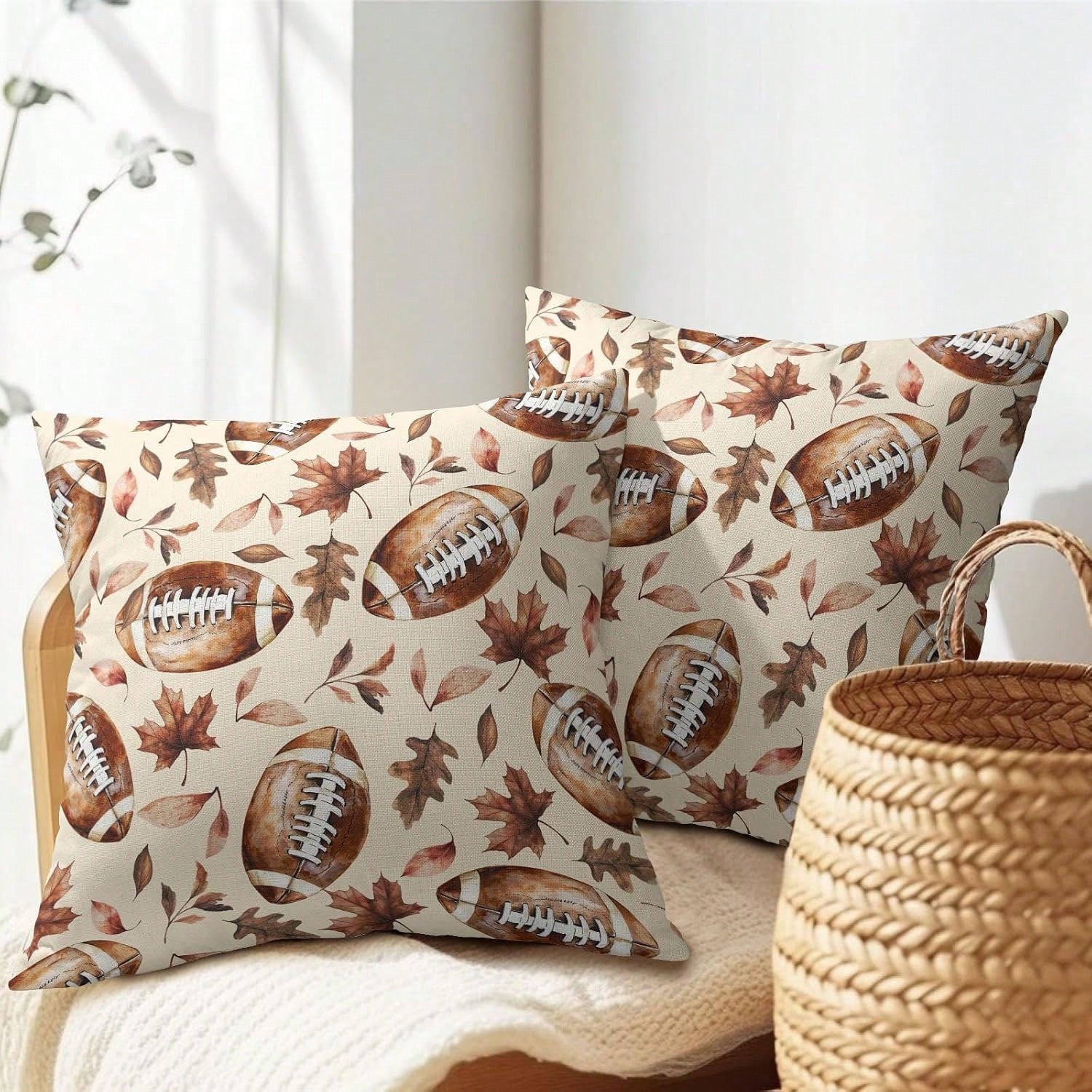 Fall Football Pillow Covers, Autumn Thanksgiving Maple Leaves Pattern Outdoor Cushion Covers, Rustic Farmhouse Harvest Pillowcases, Single-Sided Printed, Envelope Closure, 18x18 Inch For Porch, Patio