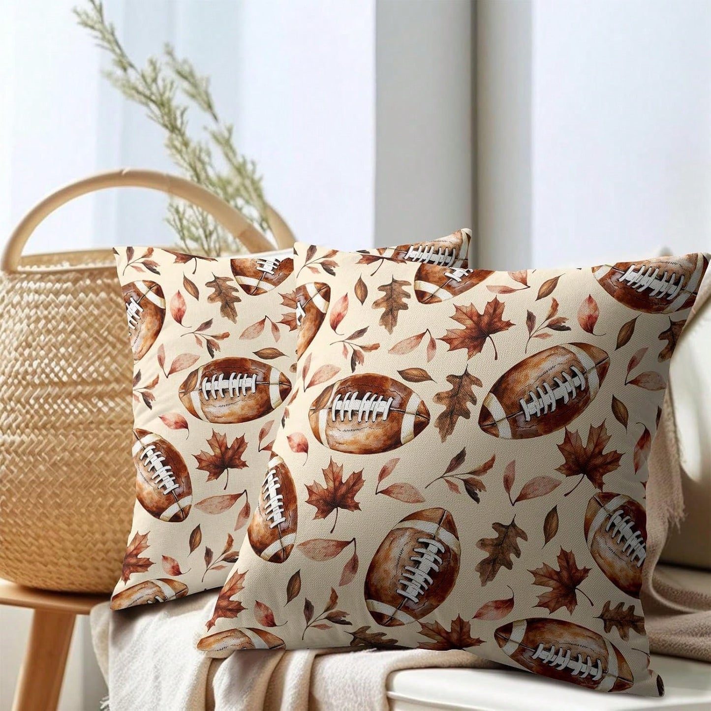 Fall Football Pillow Covers, Autumn Thanksgiving Maple Leaves Pattern Outdoor Cushion Covers, Rustic Farmhouse Harvest Pillowcases, Single-Sided Printed, Envelope Closure, 18x18 Inch For Porch, Patio