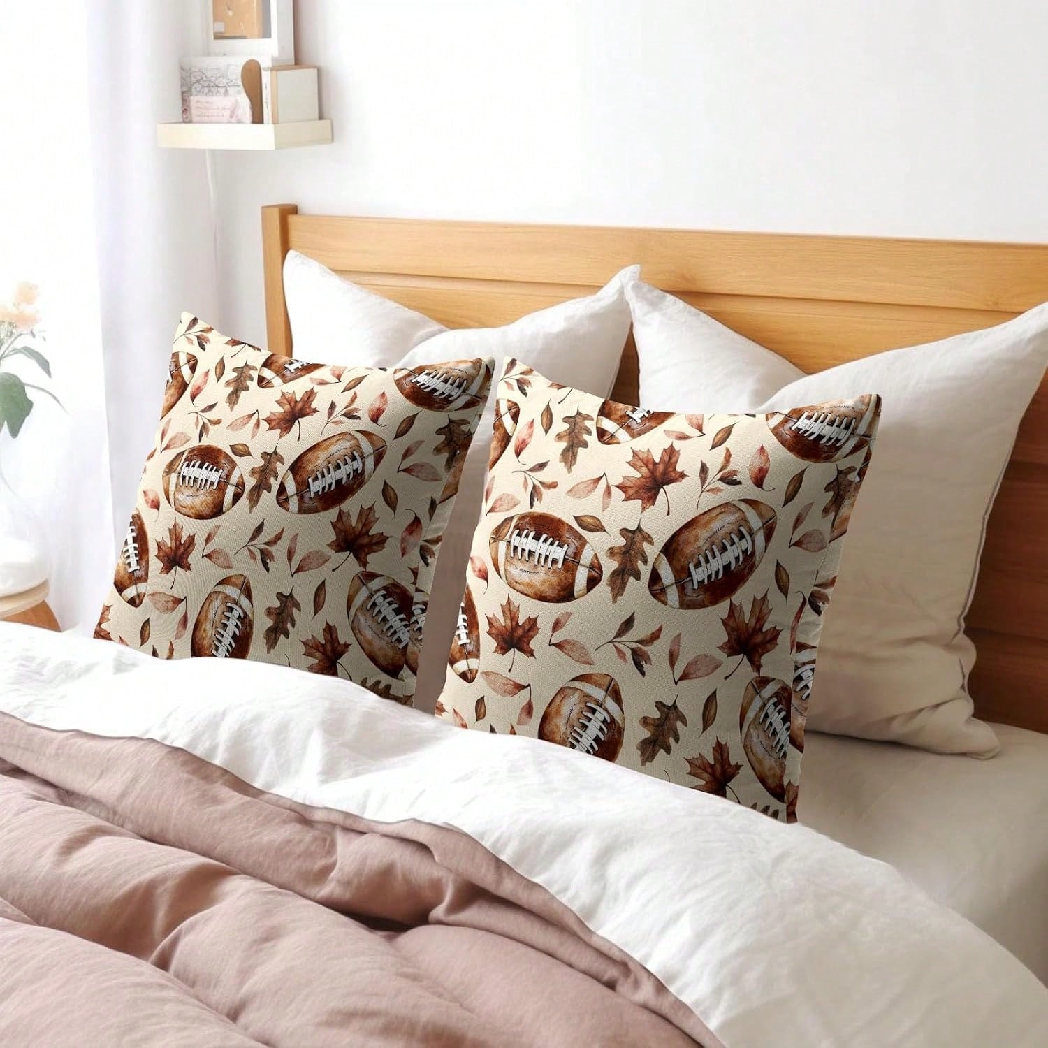 Fall Football Pillow Covers, Autumn Thanksgiving Maple Leaves Pattern Outdoor Cushion Covers, Rustic Farmhouse Harvest Pillowcases, Single-Sided Printed, Envelope Closure, 18x18 Inch For Porch, Patio