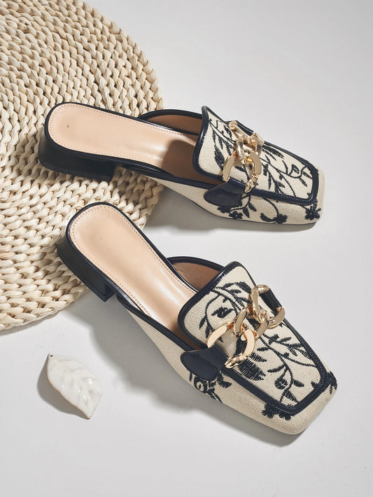 Fall/Winter Two Tone Chain Decor Flat Mules