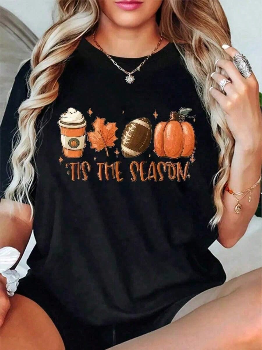 Fall Women T-Shirt Halloween Pumpkin Thanks Giving Family Funny Turkey Graphic Casual Autumn Tee Tops Women's T Shirt100% Plaid Cotton