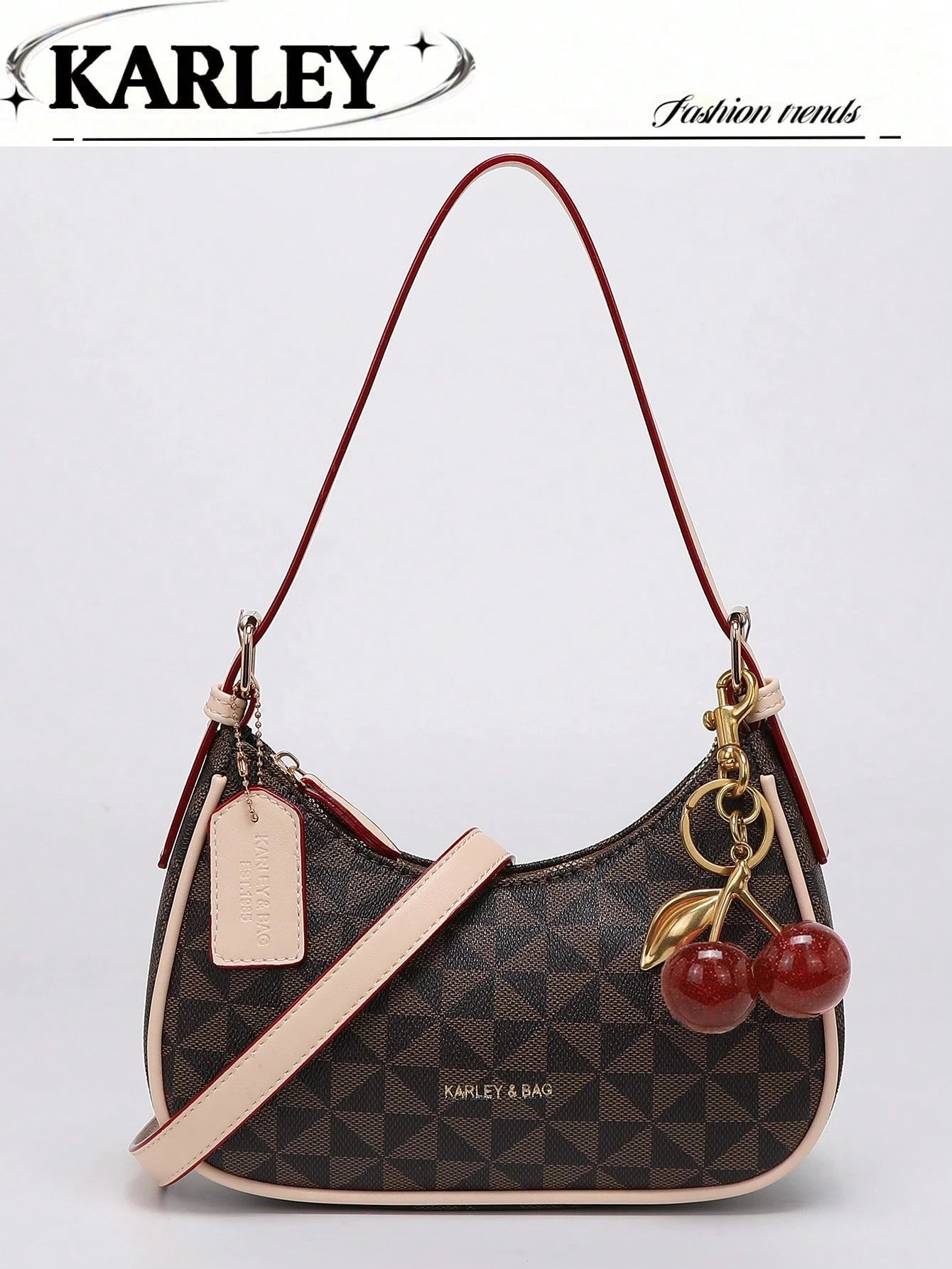 Fashion Crescent Shoulder Bag, Y2K Underarm Bag, Classic Plaid Shoulder Bag, Women's Fashion Handbag, Cherry Pendant Decor, Leather-Feel Crossbody Bag