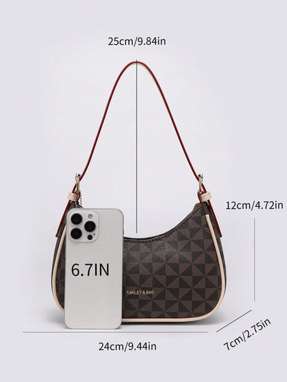Fashion Crescent Shoulder Bag, Y2K Underarm Bag, Classic Plaid Shoulder Bag, Women's Fashion Handbag, Cherry Pendant Decor, Leather-Feel Crossbody Bag