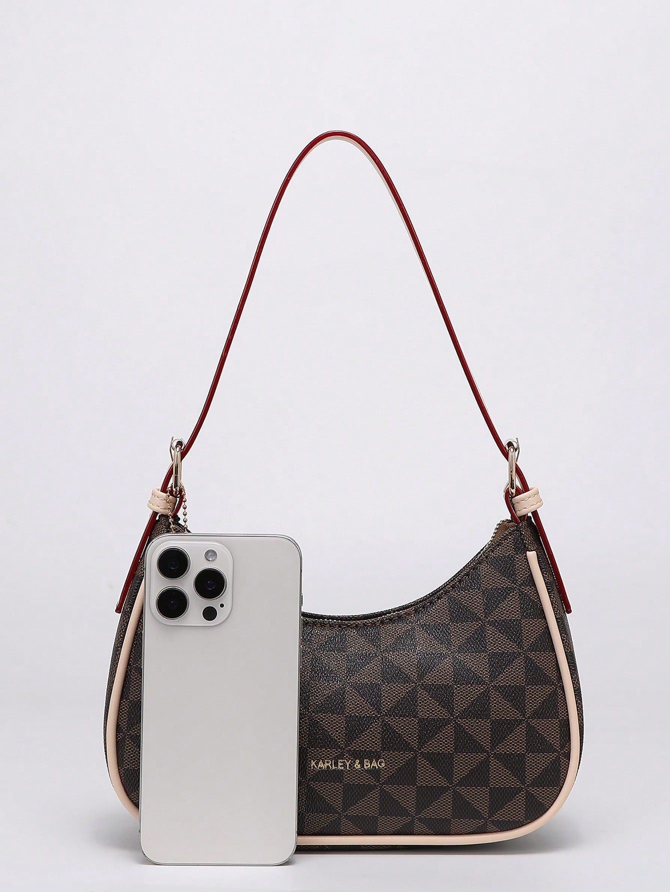 Fashion Crescent Shoulder Bag, Y2K Underarm Bag, Classic Plaid Shoulder Bag, Women's Fashion Handbag, Cherry Pendant Decor, Leather-Feel Crossbody Bag