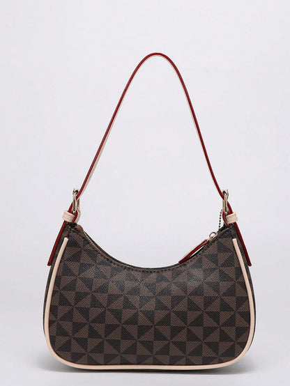 Fashion Crescent Shoulder Bag, Y2K Underarm Bag, Classic Plaid Shoulder Bag, Women's Fashion Handbag, Cherry Pendant Decor, Leather-Feel Crossbody Bag
