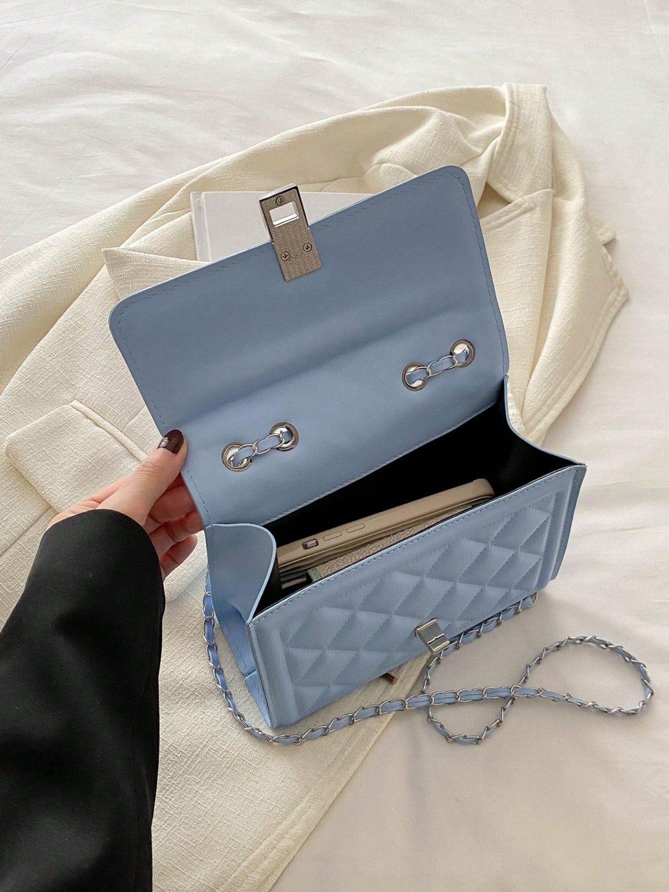 Fashion Solid Color Quilted Square Chain Shoulder Bag, Multi-Functional Evening Clutch, Lightweight New Handbag And Wallet, Suitable For Daily Commute Crossbody, Ideal Choice For Office Workers, Casua